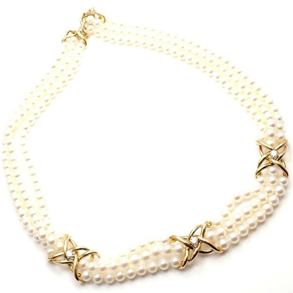 Authentic! Tiffany & Co 18k Yellow Gold Diamond 3 Strand Pearl Necklace - Picture 1 of 10